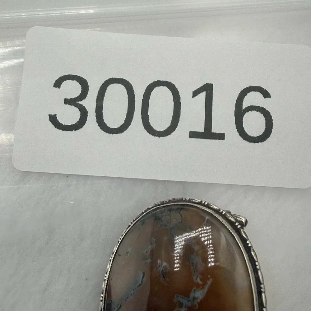 Vintage Estate Brooch Silver Tone Polished Stone Oval Nature Western